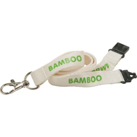 white branded bamboo lanyard with green print