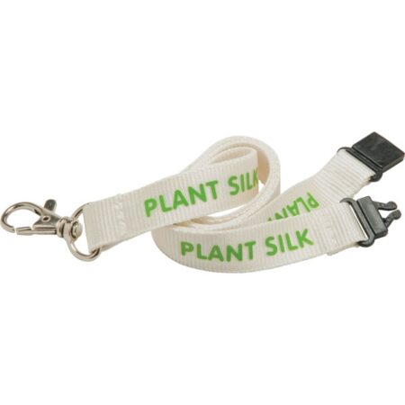 white branded lanyard made from plant silk