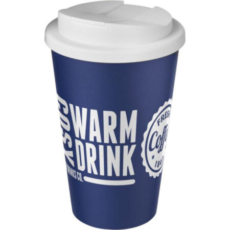 white and blue Americano spill proof tumbler