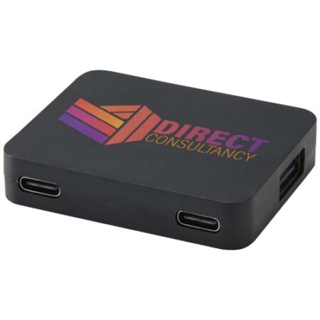Gaia 4-port USB hub with USB-A and Type-C output and dual input - made from recycled plastic