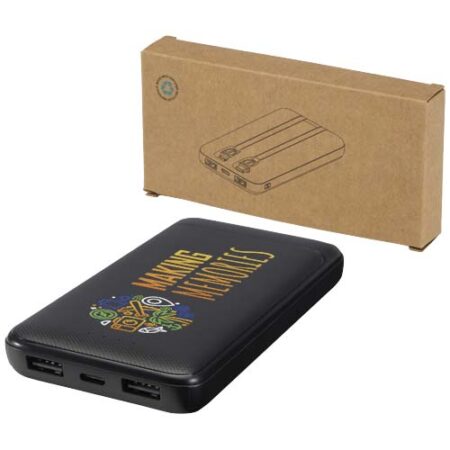 Adhil 10.000 mAh 10W recycled plastic power bank with 2 built-in cables